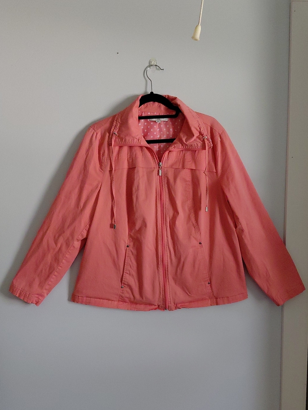 Coral Pink Salmon Lightweight Full Zip Cotton Jacket Polka Dot Lining 1X Collar
